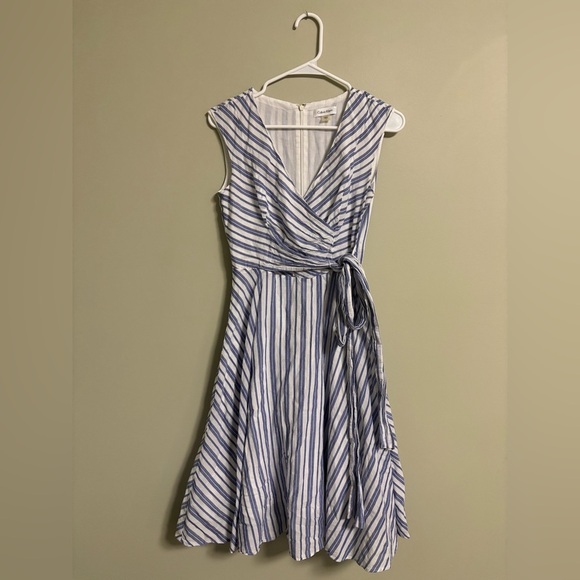 Calvin Klein Blue White Stripe Cotton Fit and Flare Dress Size 2 Wrap Tie - Picture 2 of 8